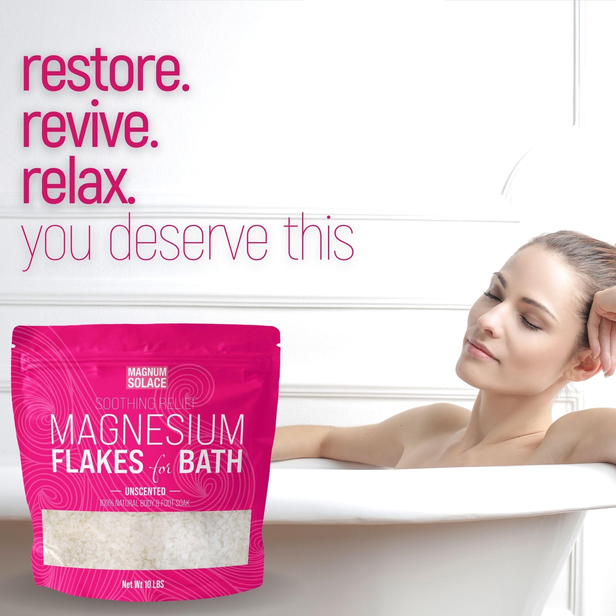 Magnum Solace magnesium flakes 10lbs packaging highlights pure unscented minerals for home soaks.