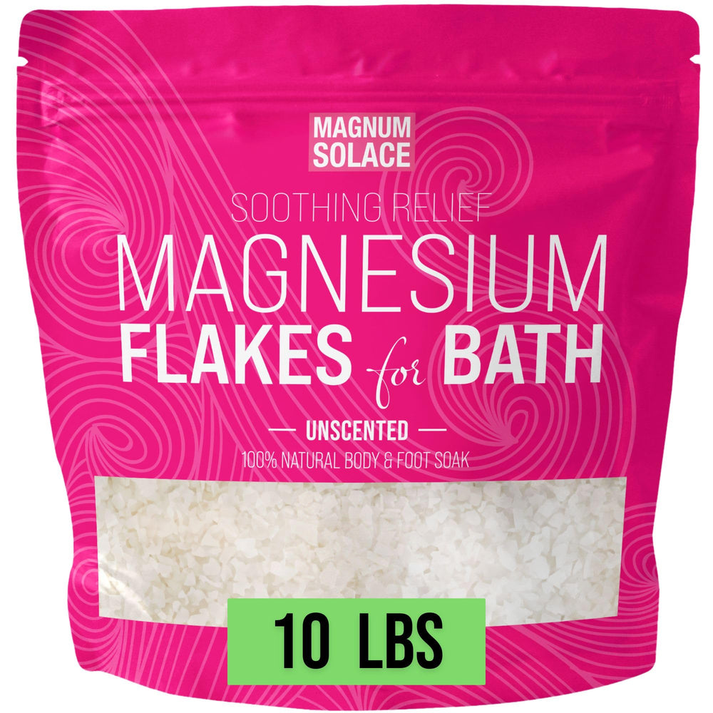 Magnum Solace magnesium flakes bath closeup promotes a soothing soak.
