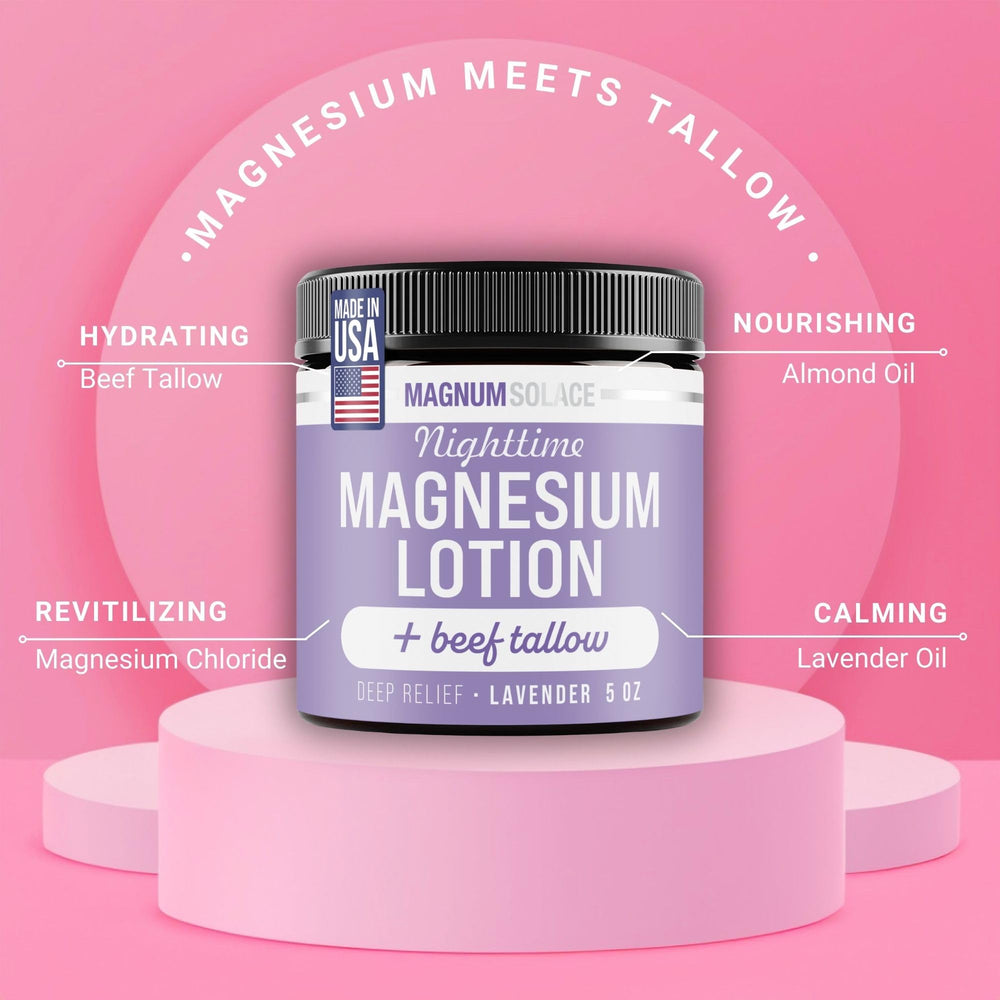 Magnum Solace Nighttime Magnesium Lotion pump highlights fast-absorbing, non-greasy nightly use.