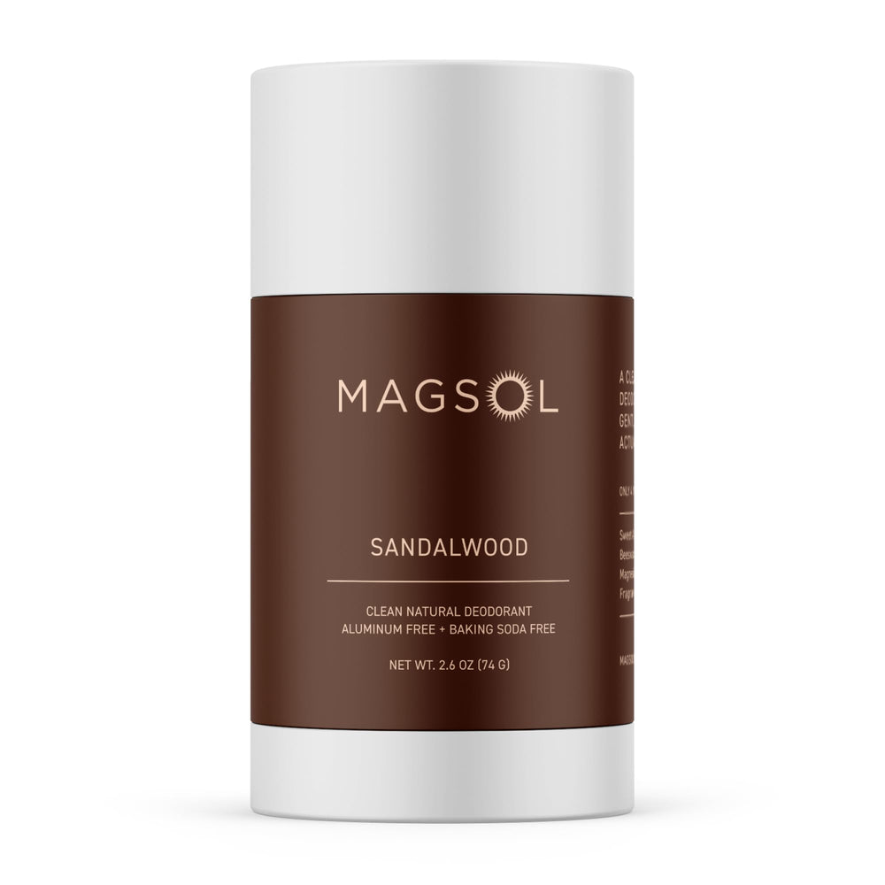 MagSol Magnesium Deodorant Sandalwood packaging highlights aluminum-free protection