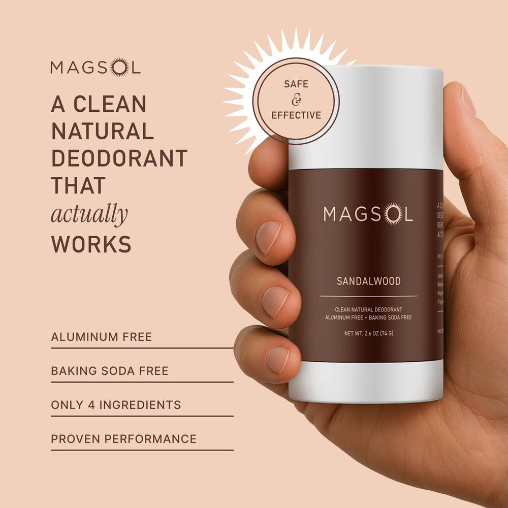 Close-up of MagSol Magnesium Deodorant Sandalwood stick showing smooth glide