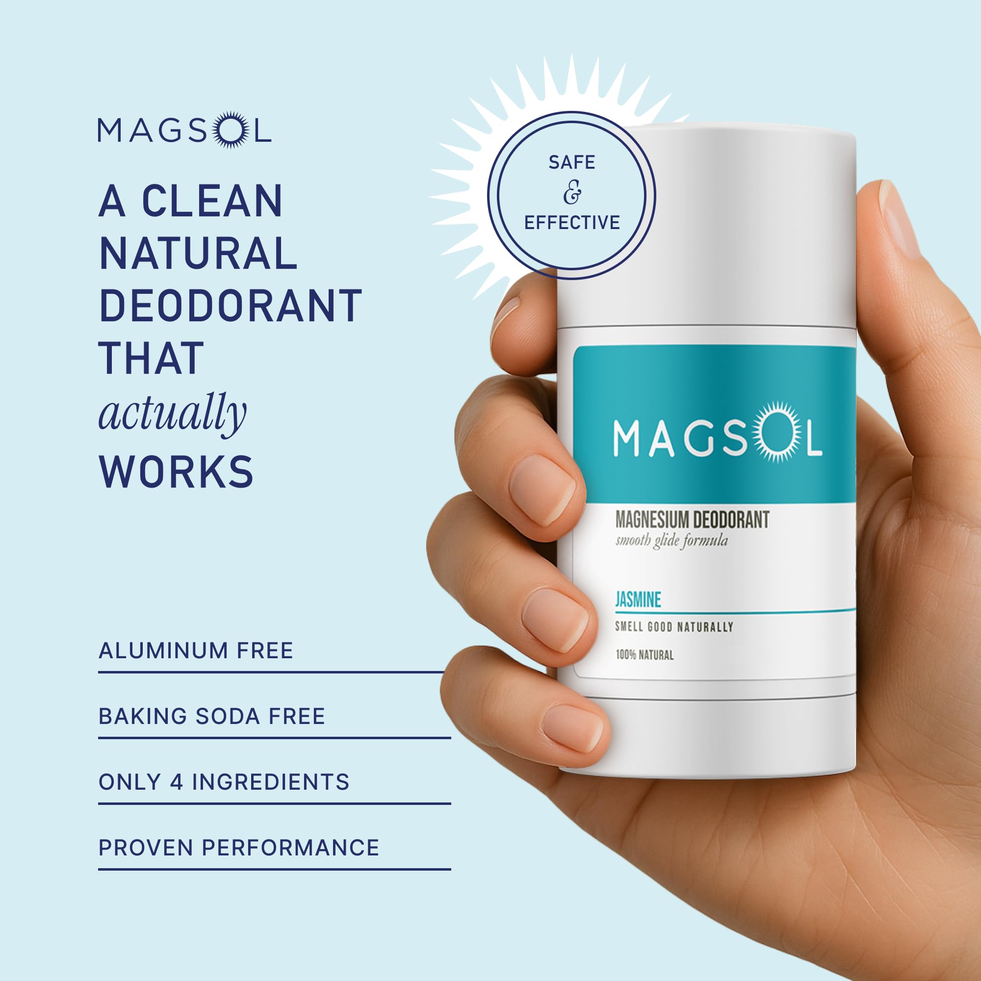 Magsol Organics magnesium deodorant cap detail highlighting aluminum-free formula.