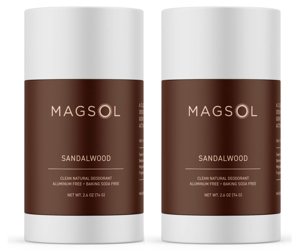 MAGSOL sandalwood deodorant 2-pack packaging shows aluminum-free formula for sensitive skin.
