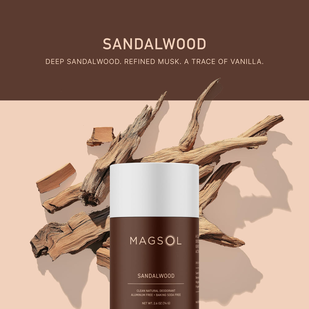 MagSol Sandalwood fragrance bottle emphasizes long-lasting, refined scent