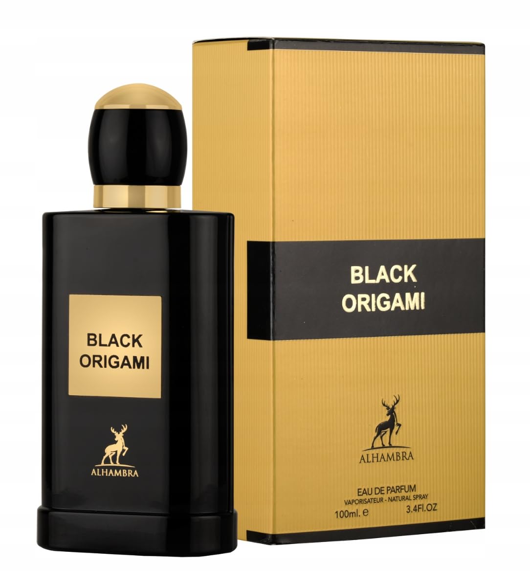 Maison Alhambra Black Origami bottle emphasizes elegant, long-lasting fragrance for special occasions.