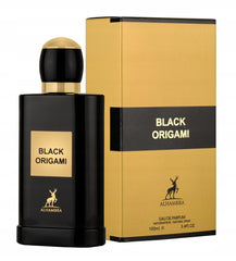 Maison Alhambra Black Origami bottle emphasizes elegant, long-lasting fragrance for special occasions.