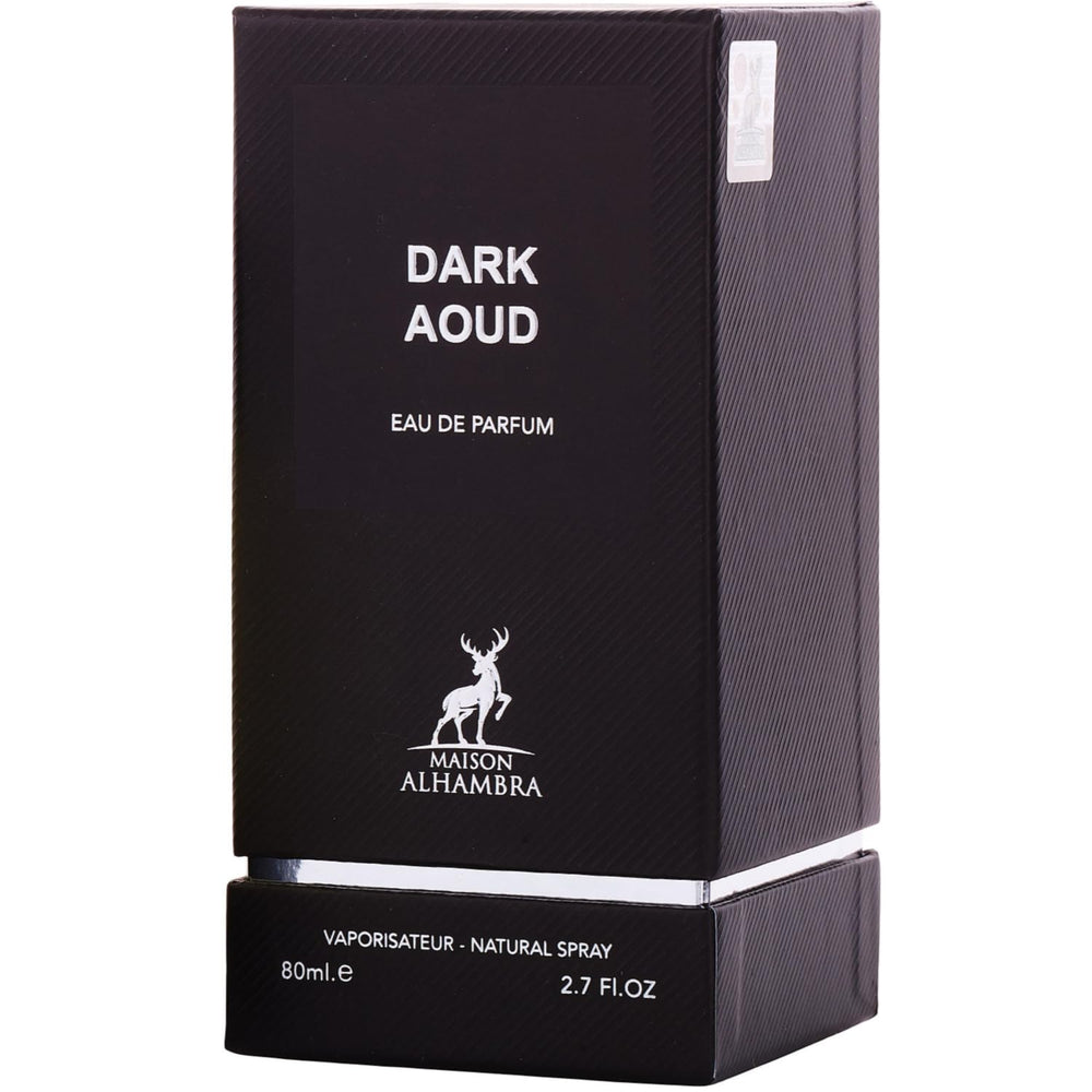 Maison Alhambra Dark Aoud base-vanilla-tonka-ambergris lingers with warm, luxurious trail.