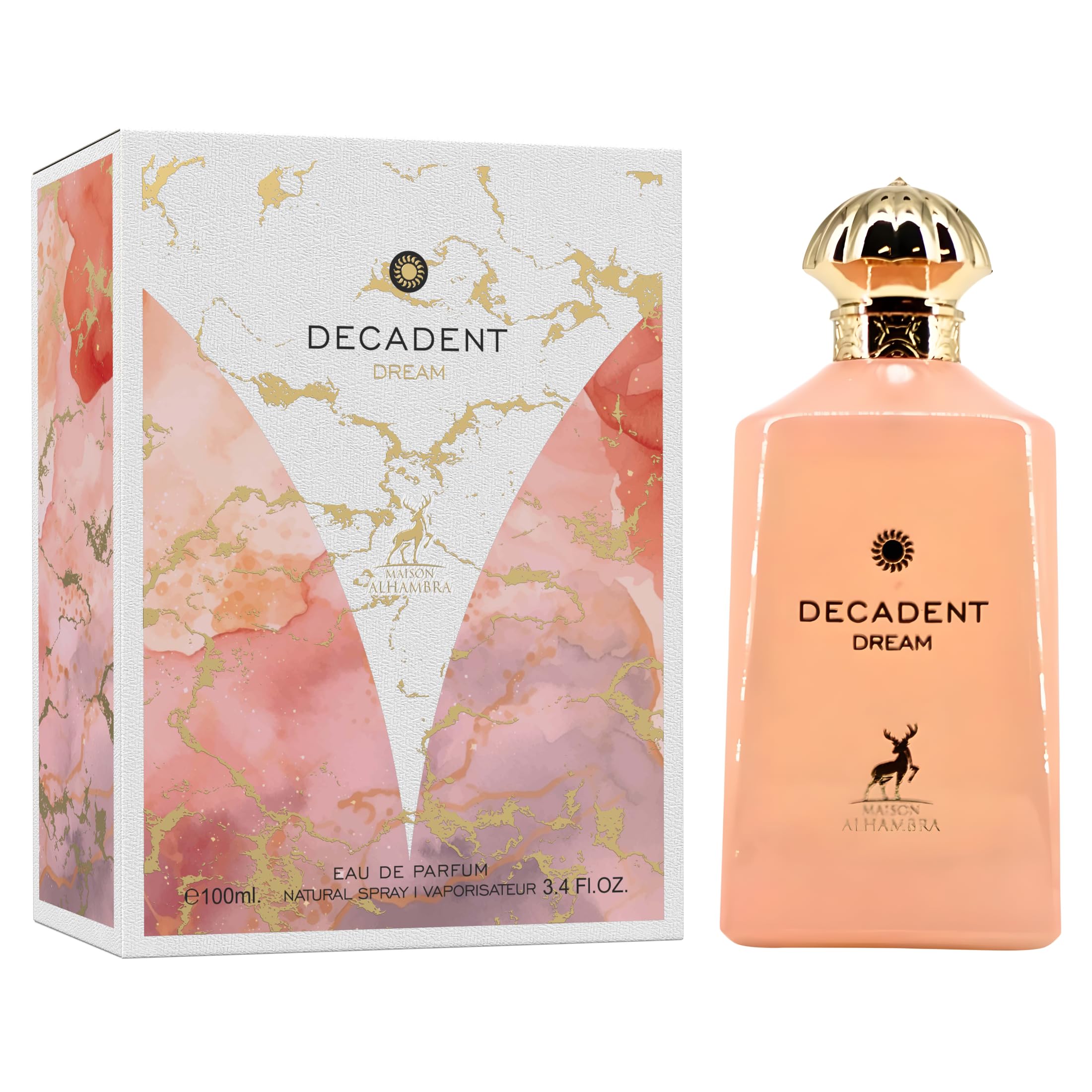 Maison Alhambra Decadent Dream bottle closeup reveals amber tones for warm depth