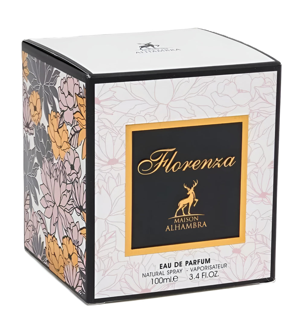 Maison Alhambra Florence bloom note closeup emphasizes peony and jasmine aromas.