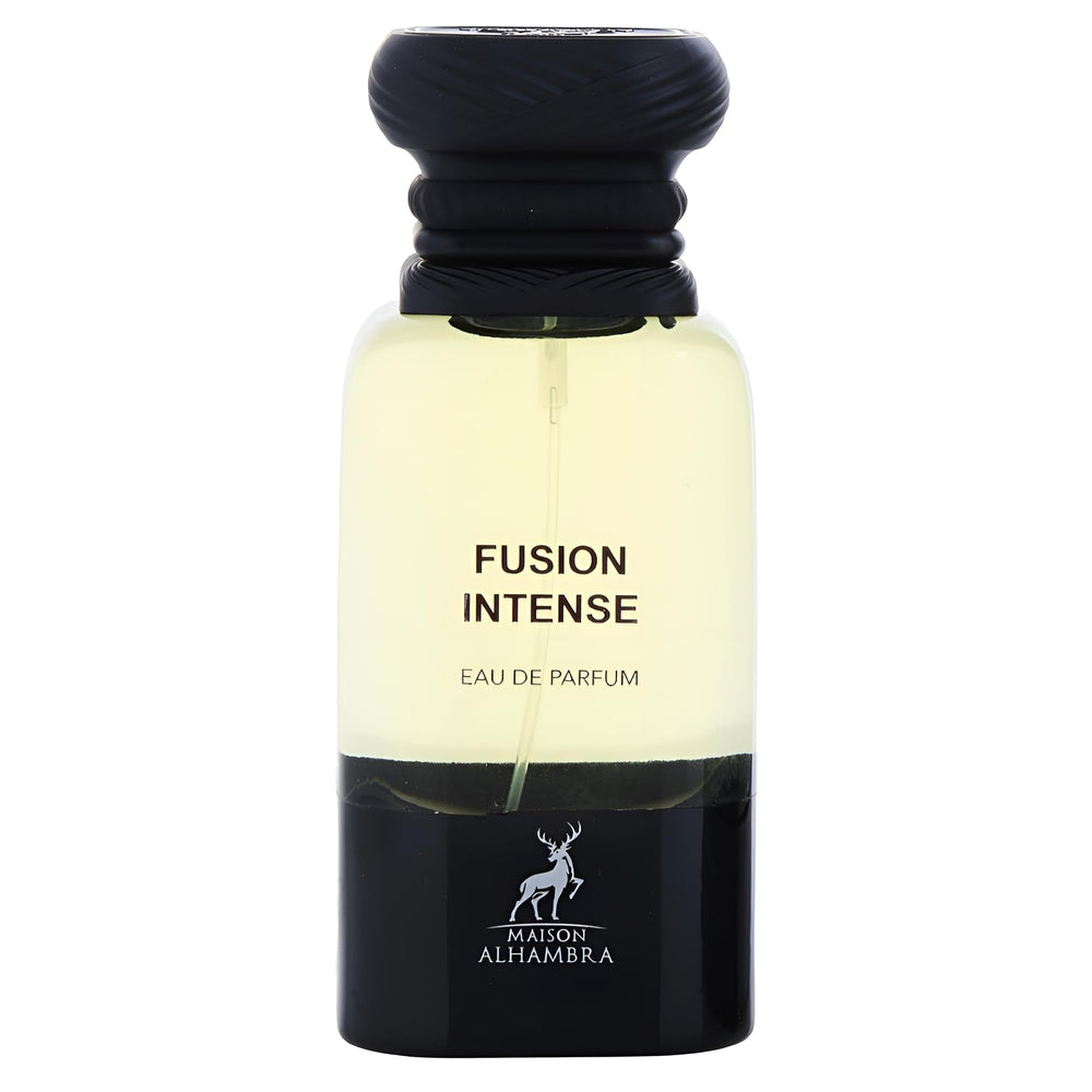 Maison Alhambra Fusion Intense bottle close-up highlighting premium design for gifting or collection