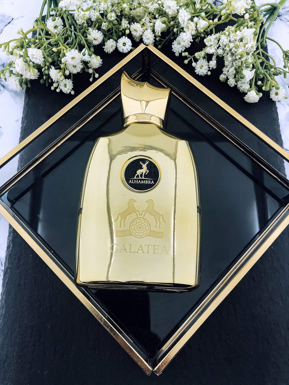 Maison Alhambra Galatea bottle-side emphasizes masculine silhouette for versatile use.