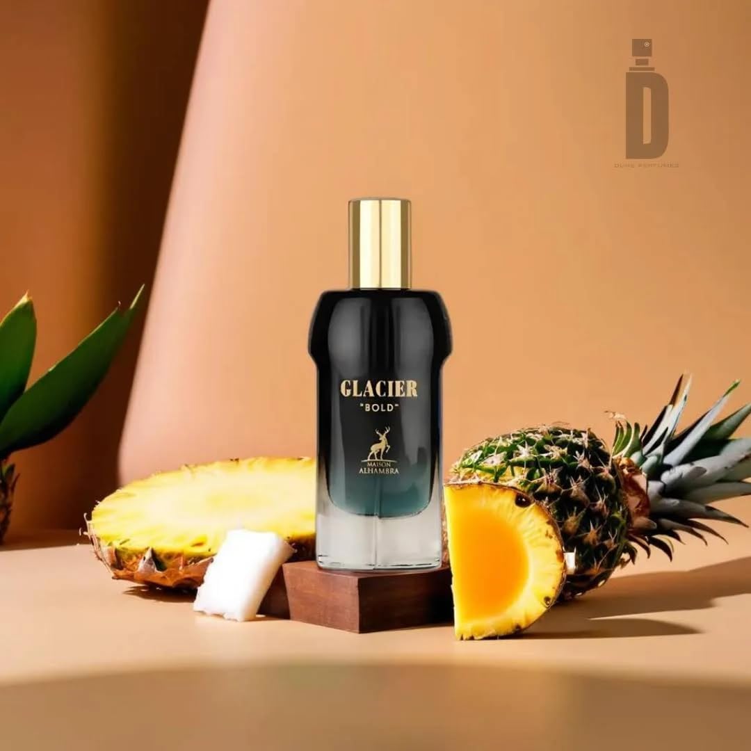 Maison Alhambra Glacier Bold bottle closeup highlights tropical coconut and pineapple notes.