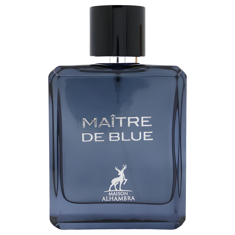 Maison Alhambra Maitre De Blue bottle shot emphasizes masculine elegance for daily wear