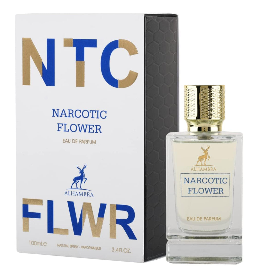 Maison Alhambra Narcotic FLWR bottle closeup, elegant design for special-occasion fragrance