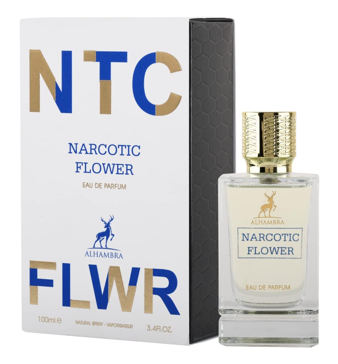 Maison Alhambra Narcotic FLWR bottle closeup, elegant design for special-occasion fragrance