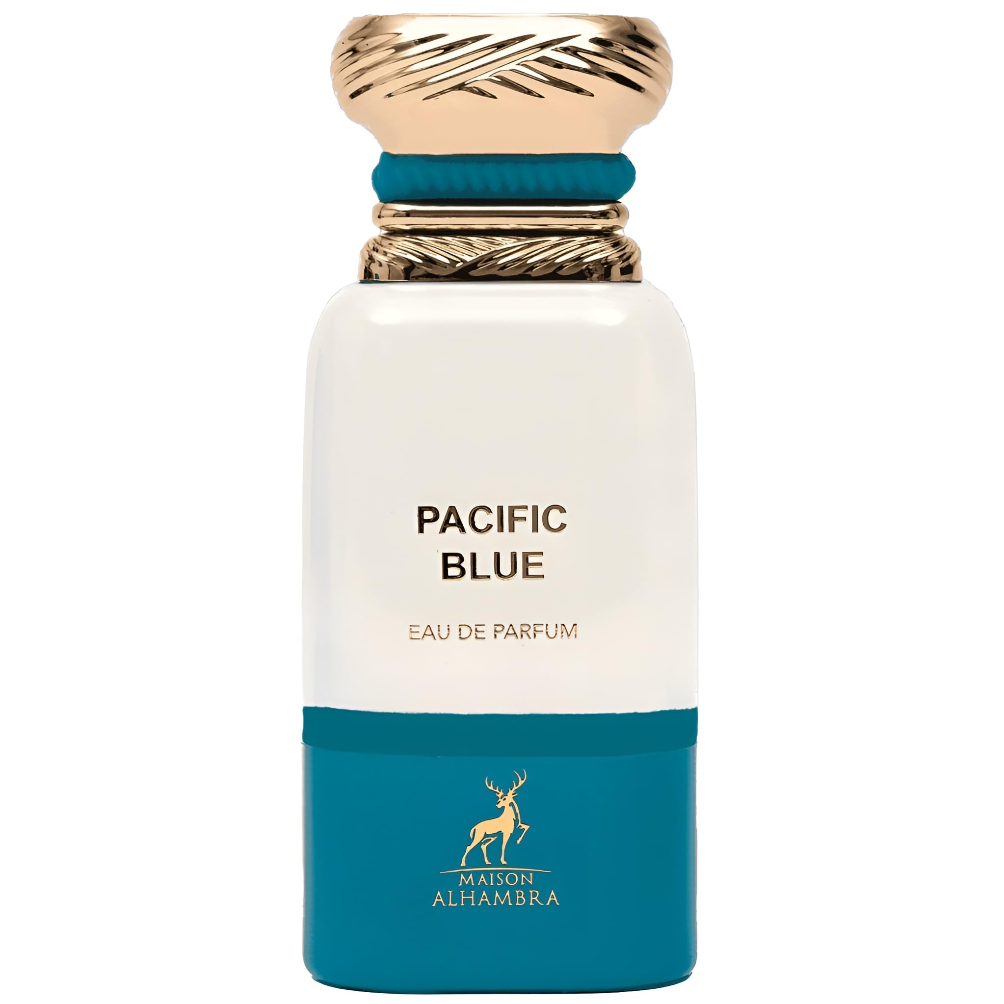 Maison Alhambra Pacific Blue EDP bottle, front view, showcasing sleek design.