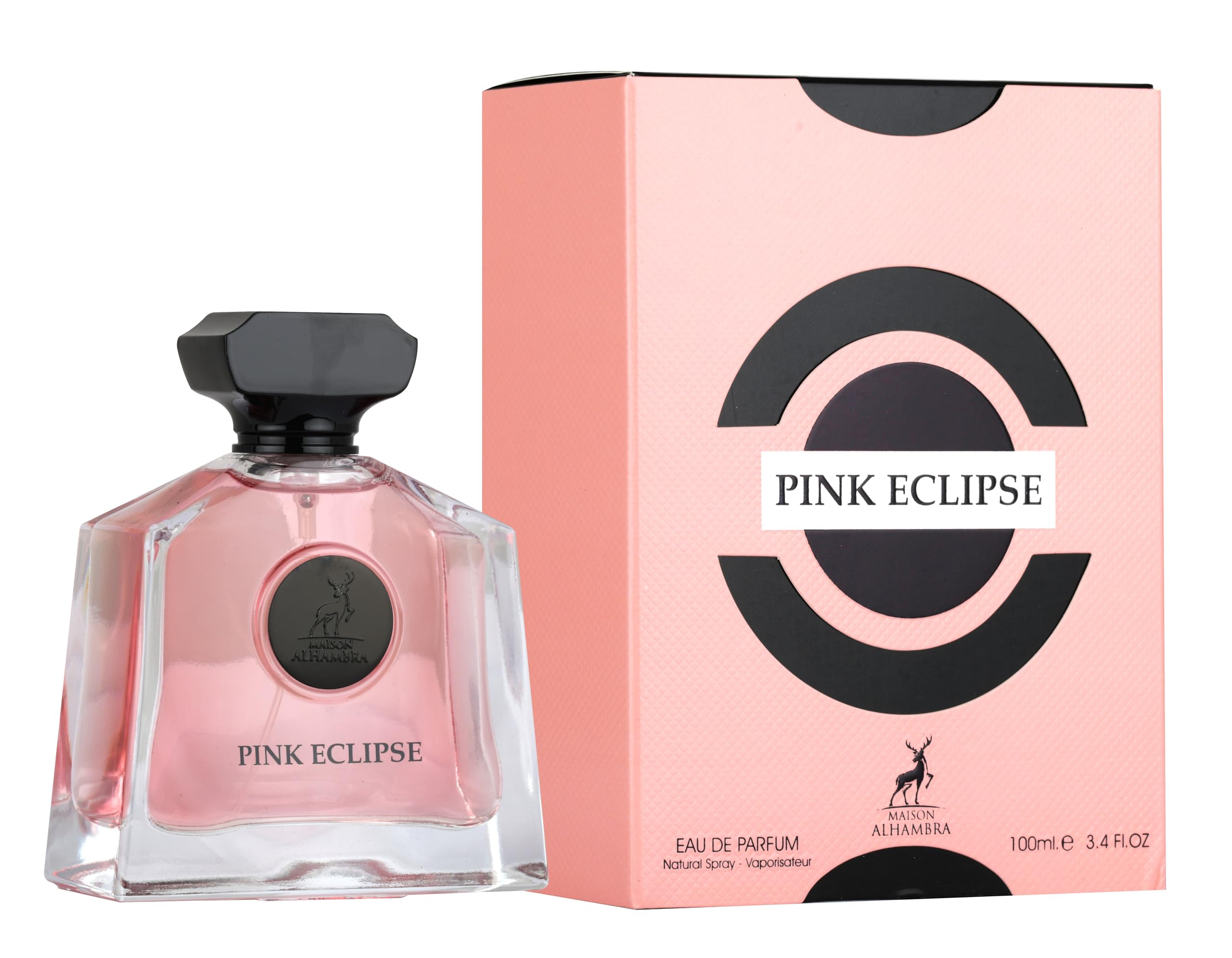 Maison Alhambra Pink Eclipse bottle close-up highlighting glass color and lasting evening charm