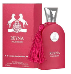 Maison Alhambra Reyna Pour Femme bottle featuring an elegant fragrance, ideal for daily wear or special occasions.