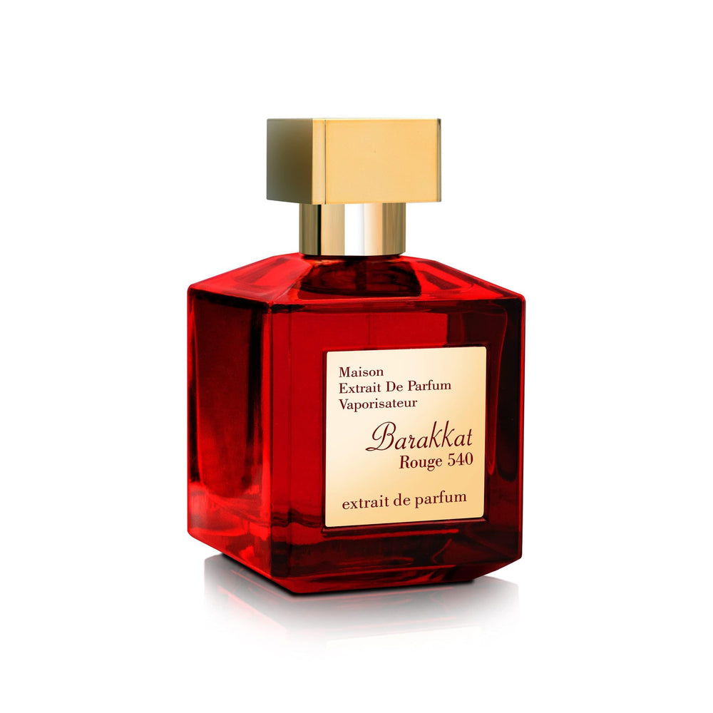 Barakkat Rouge 540 glass bottle with amber hue evokes warm notes