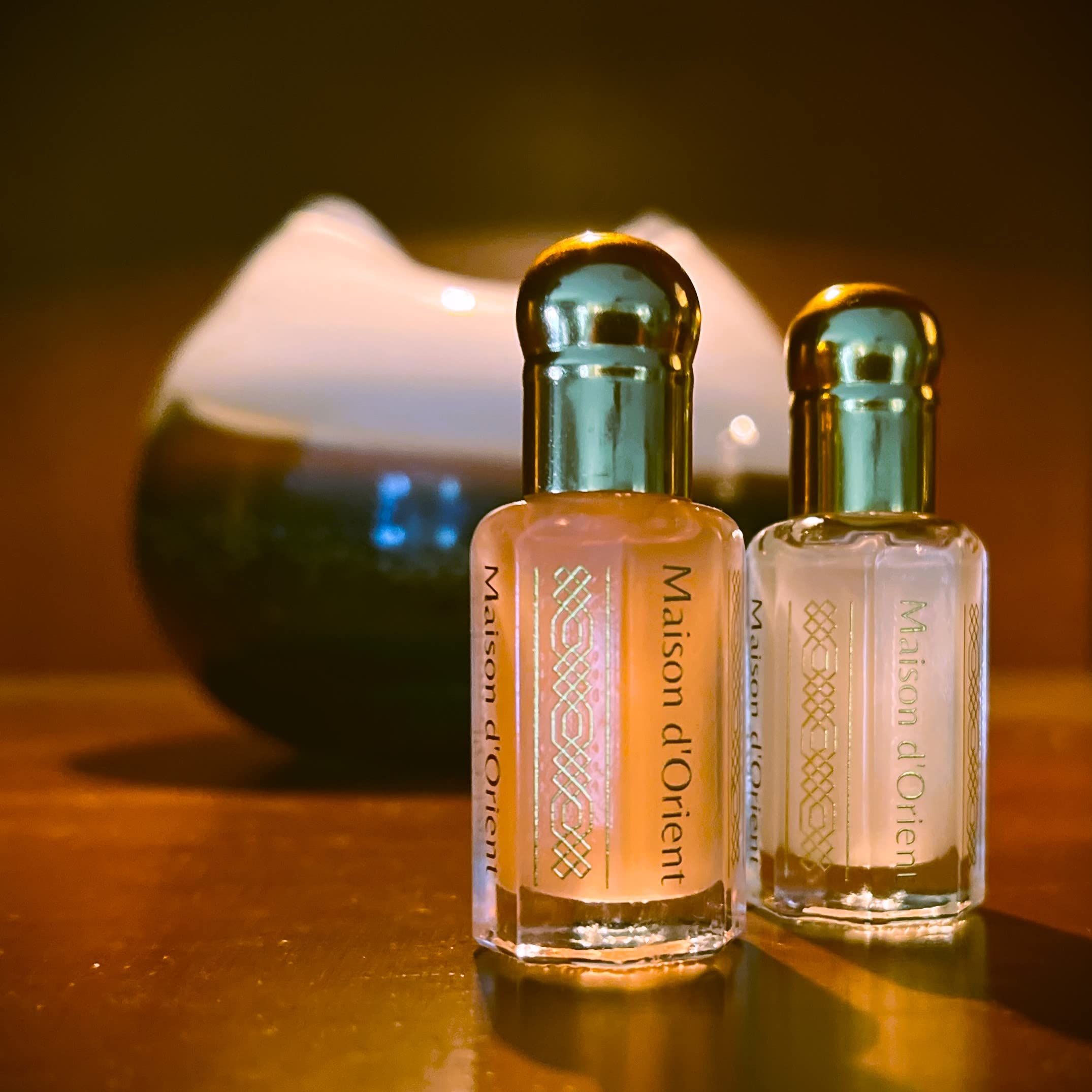 Maison d'Orient Tahara bottle on skin—layered fragrance experience