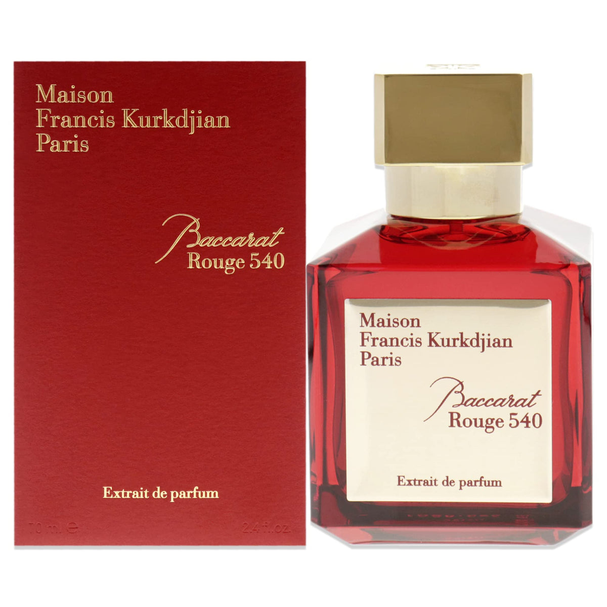 Maison Francis Kurkdjian Baccarat Rouge 540 bottle closeup highlighting elegant design and premium fragrance.