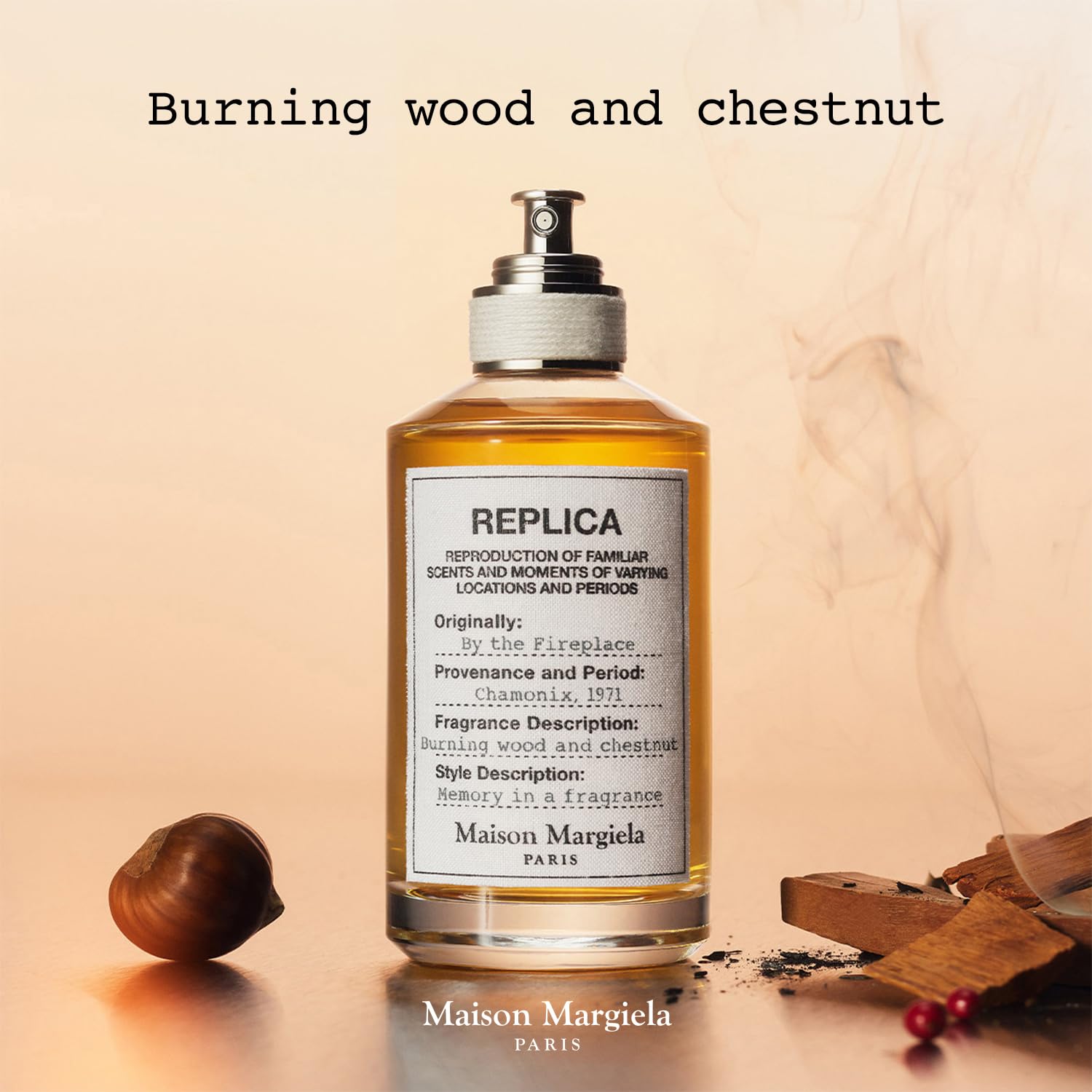 Maison Margiela Replica By the Fireplace wood accord lingers gracefully on skin, ideal for evenings.