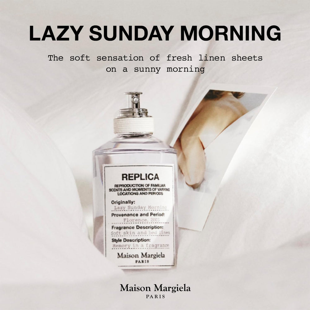 Maison Margiela Replica Lazy Sunday Morning packaging highlights minimalist design for casual daywear.