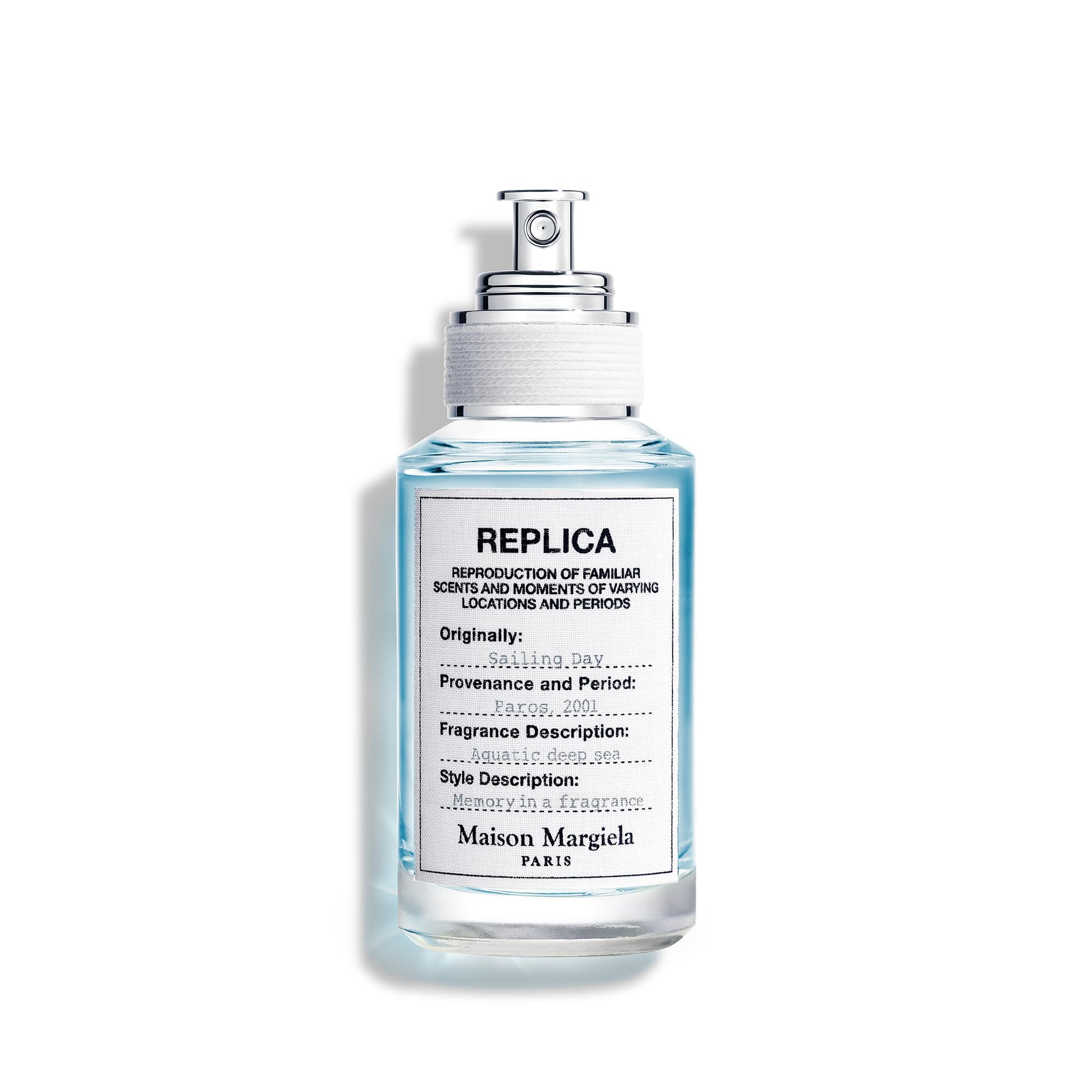Maison Margiela Replica Sailing Day bottle front shows fresh sea breeze for daily refreshment.