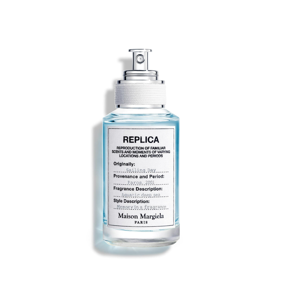 Maison Margiela Replica Sailing Day bottle front shows fresh sea breeze for daily refreshment.