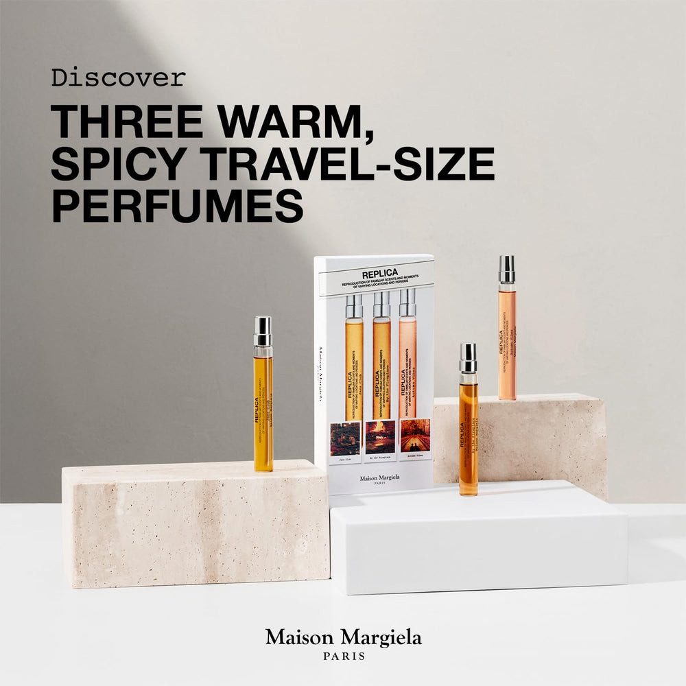 Maison Margiela Replica Warm & Spicy trio travel set packaging showcasing compact scents for on-the-go exploration