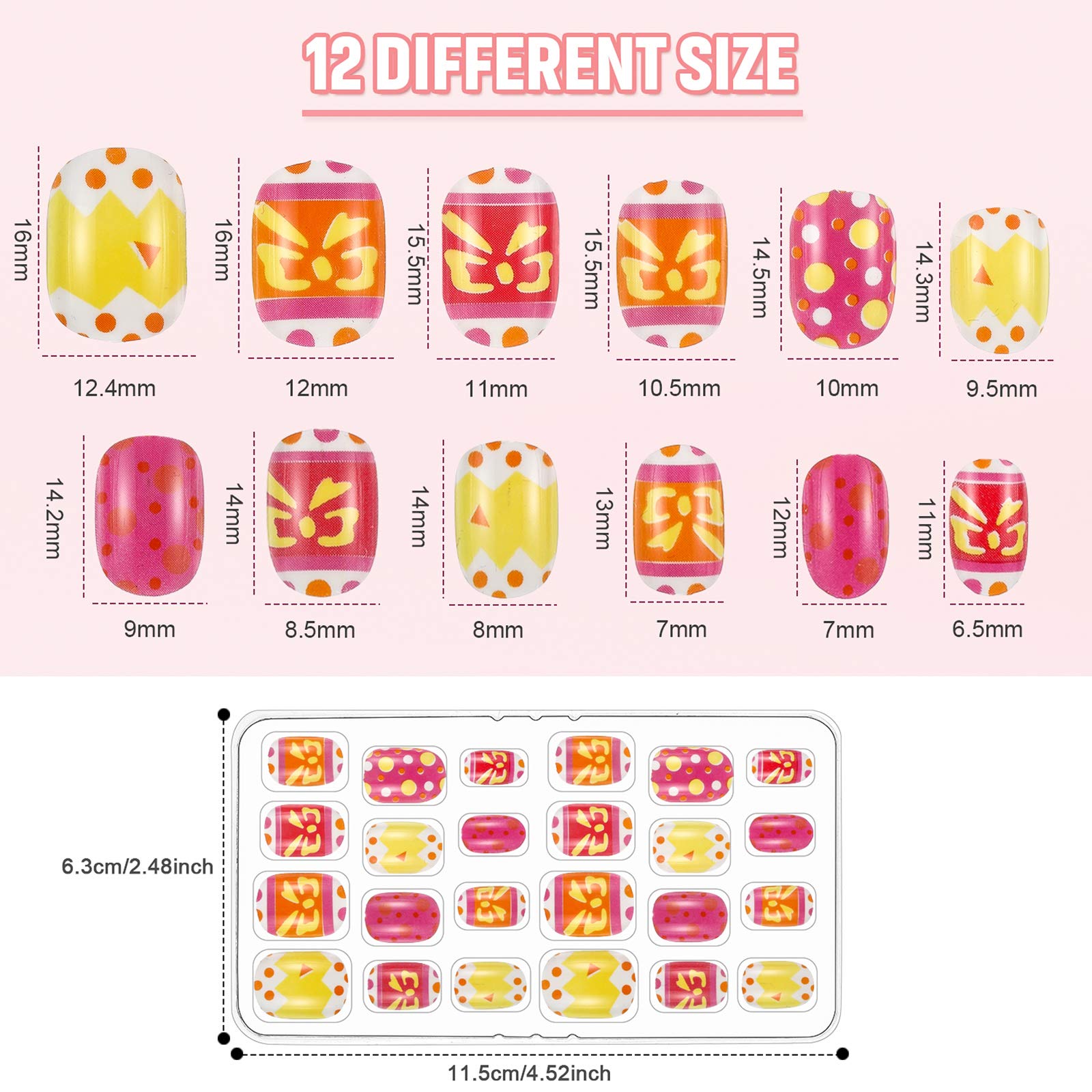 Maitys 240 Pcs children false nails with colorful bows box 2 showcase vibrant patterns for at-home decorating.