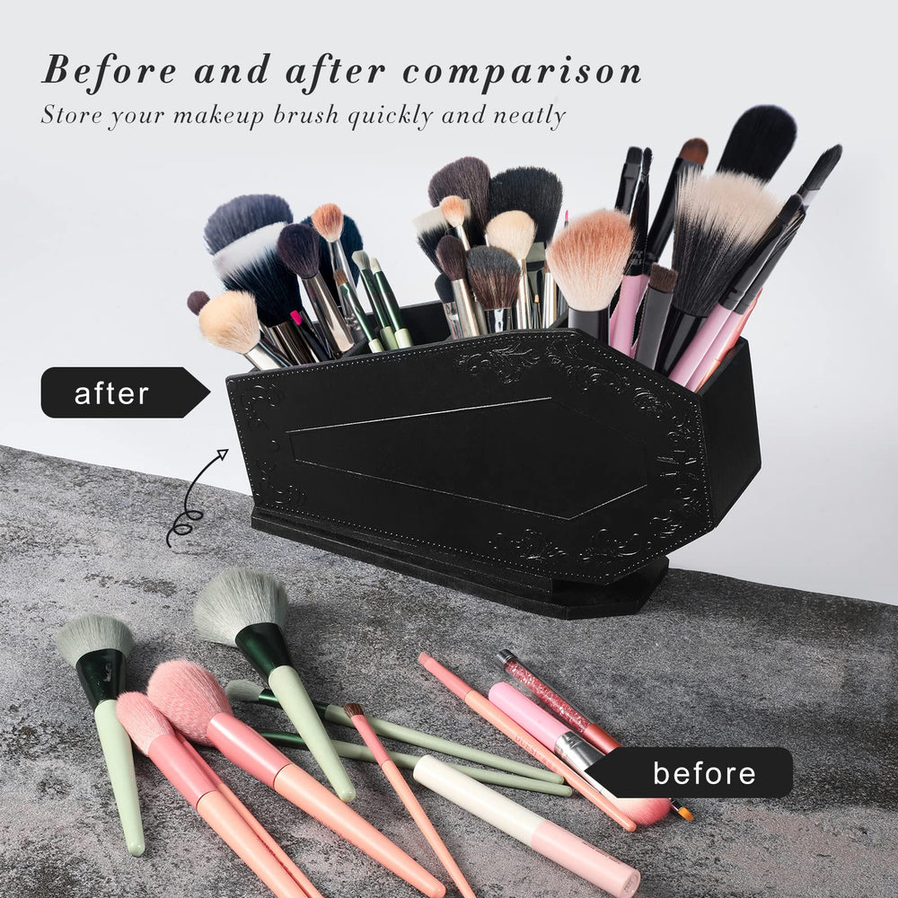 Maitys coffin case for cosmetics display on vanity or desk.