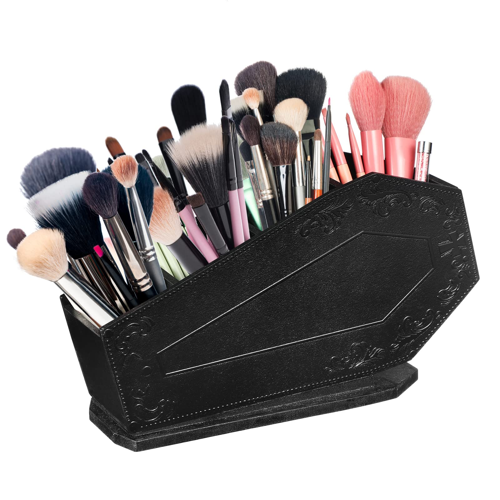 Maitys coffin makeup brush holder with embossed crucifix, neatly organizing brushes.