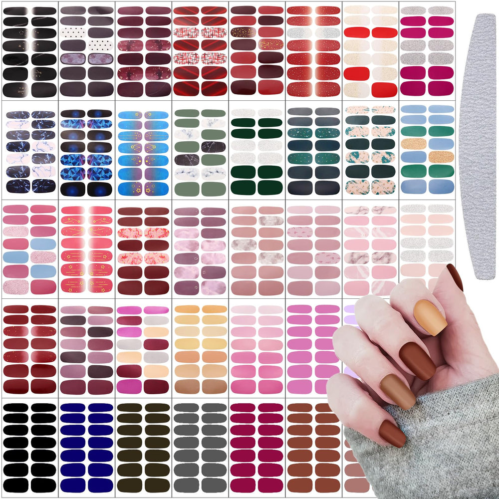 Maitys full-wrap nail stickers collection shown on varied designs for quick glam