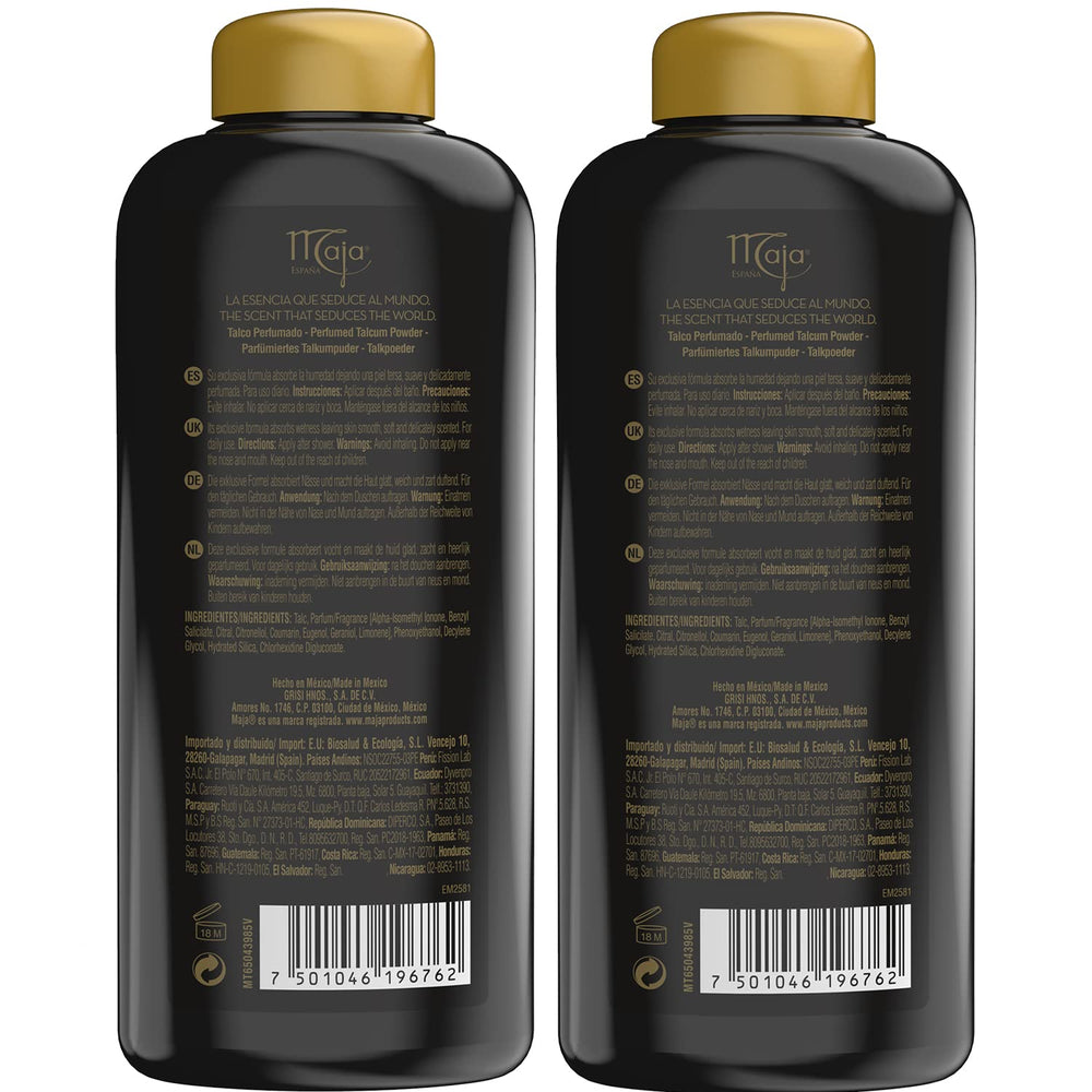 Maja talcum powder bottle open releasing delicate fragrance