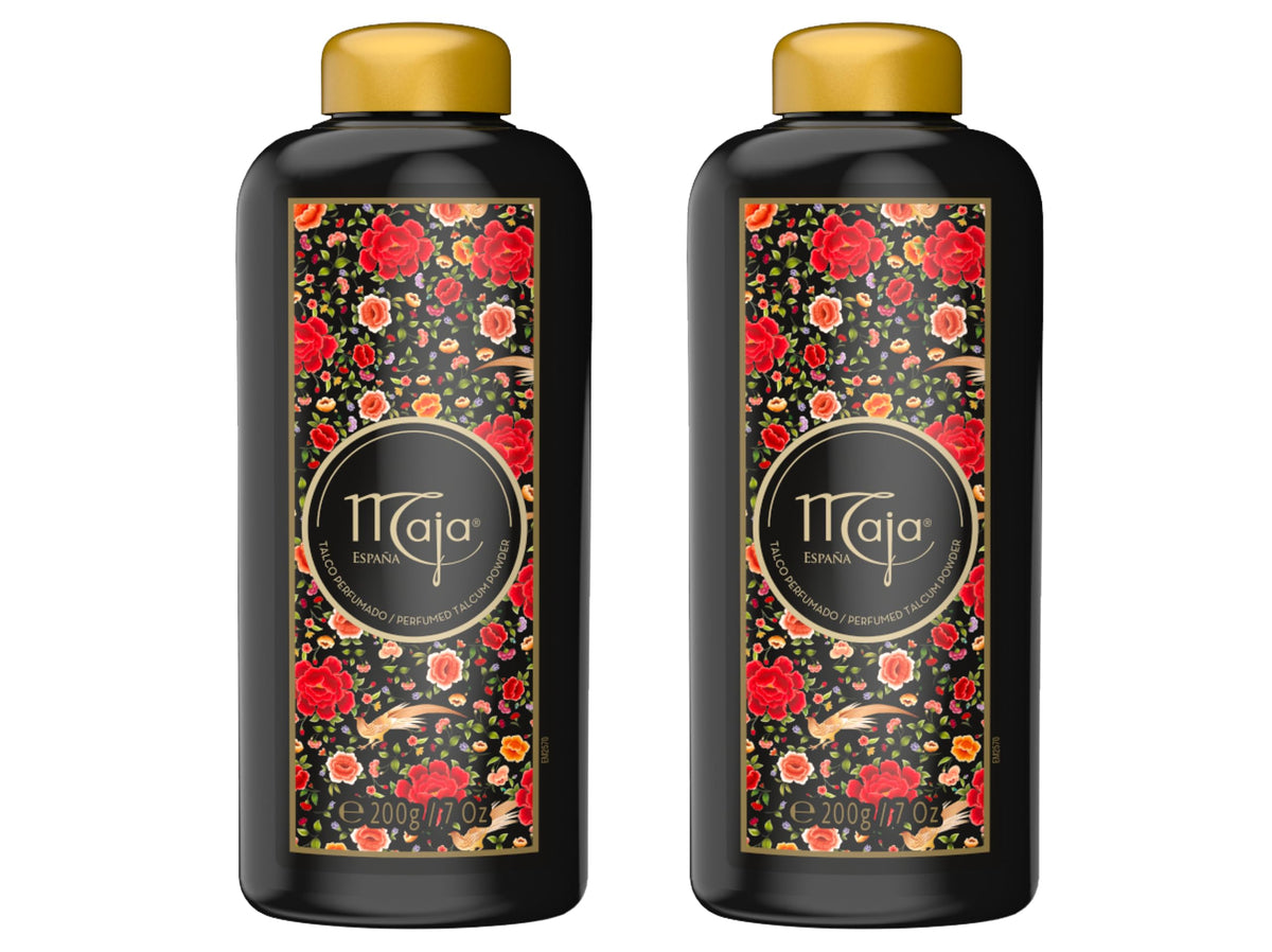 Maja perfumed talcum powder 2-pack packaging on display