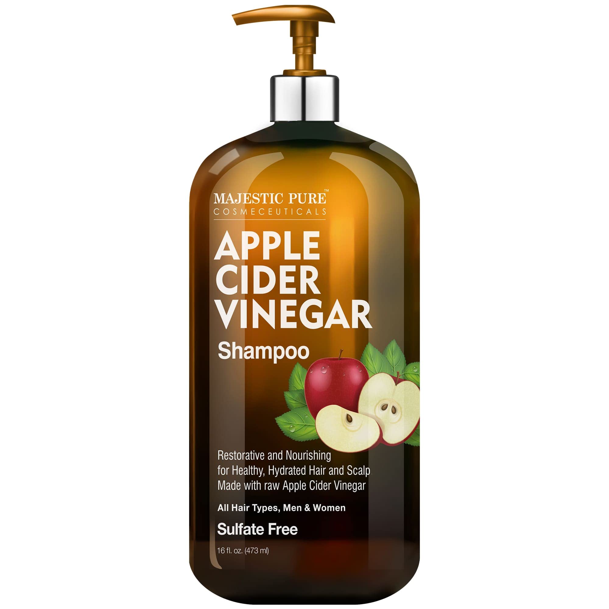 Majestic Pure Apple Cider Vinegar Shampoo bottle promotes scalp cleansing and shine.