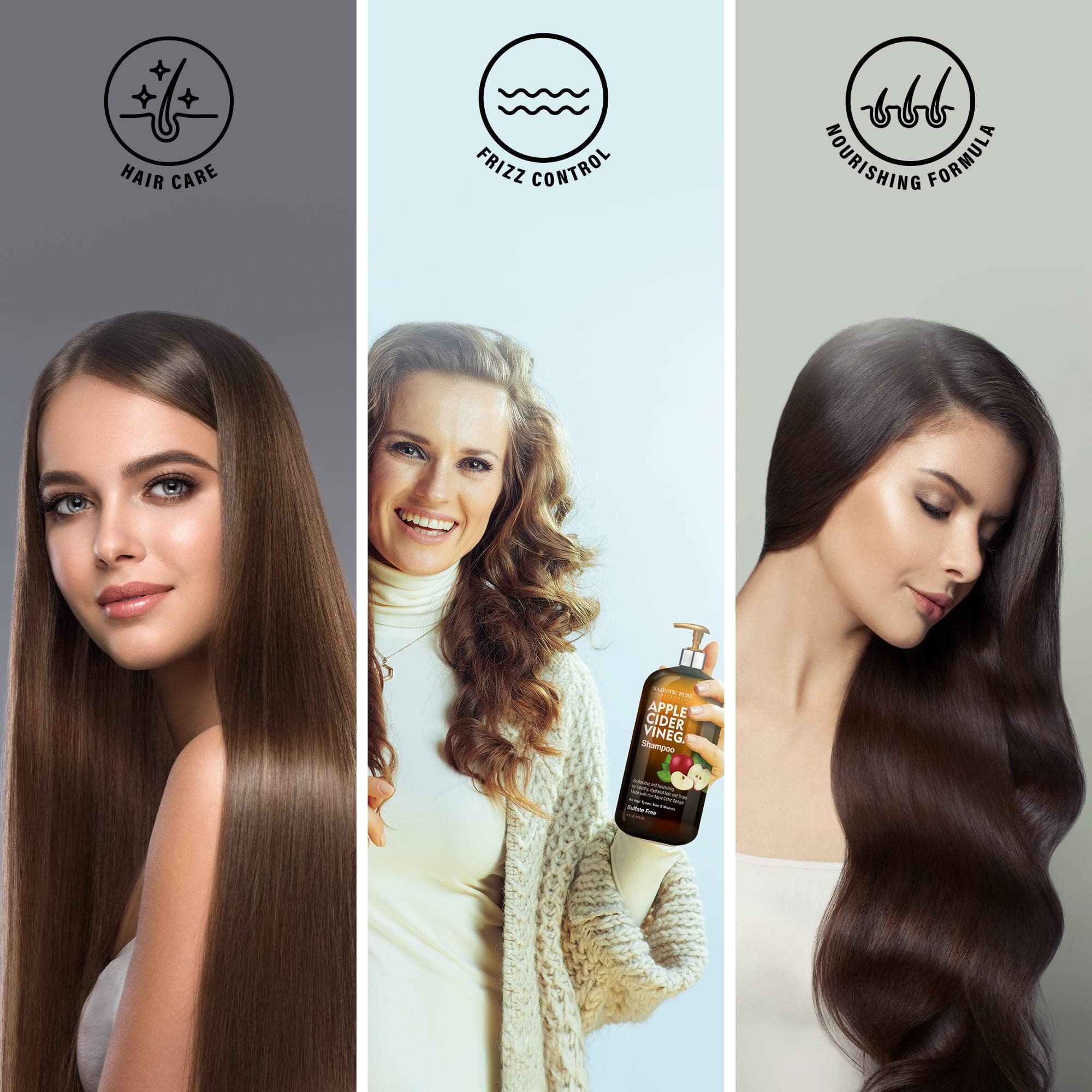 Majestic Pure Apple Cider Vinegar Shampoo image hints at dandruff relief on scalp.