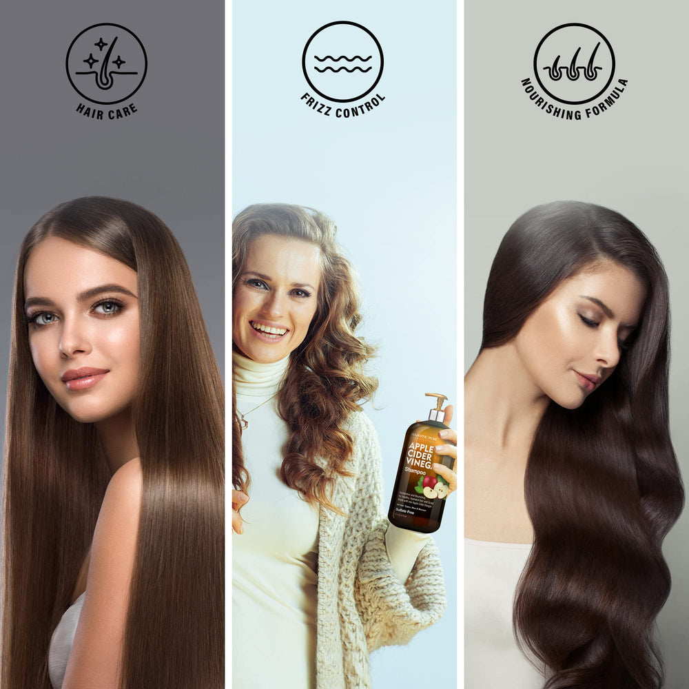 Majestic Pure Apple Cider Vinegar Shampoo image hints at dandruff relief on scalp.