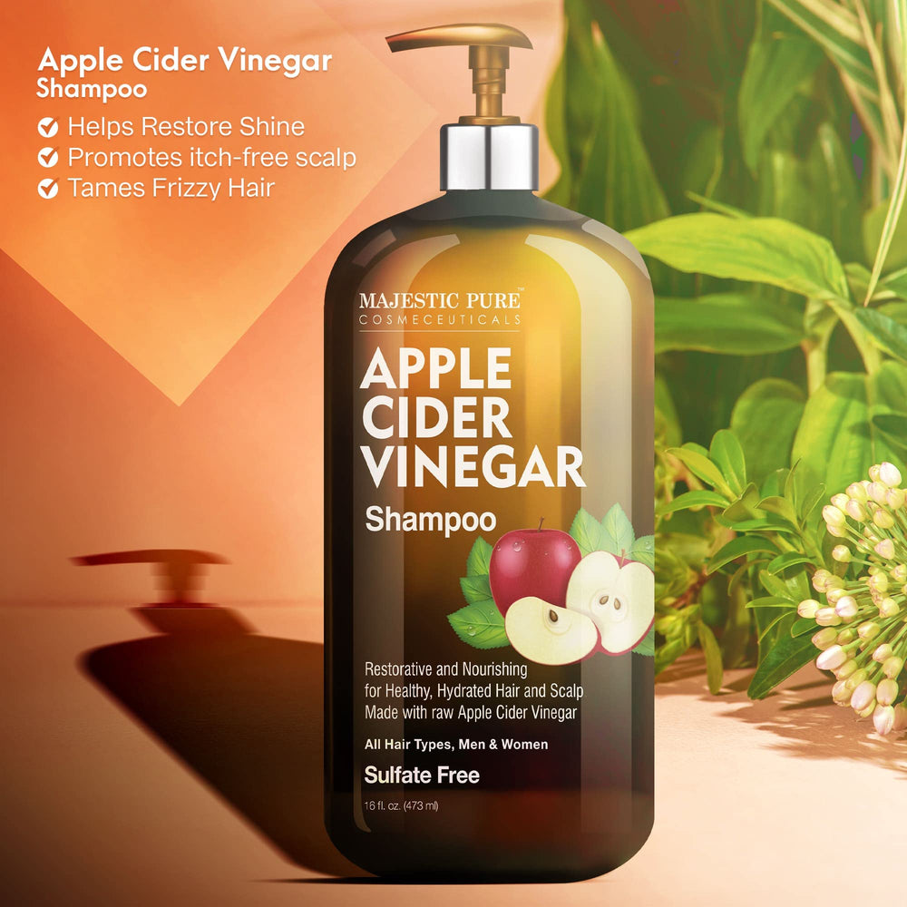 Majestic Pure Apple Cider Vinegar Shampoo near smooth hair showing frizz control.