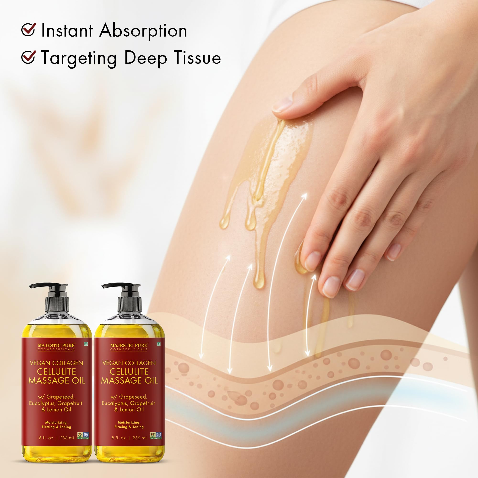 Majestic Pure being massaged onto thigh highlighting smoother skin benefit