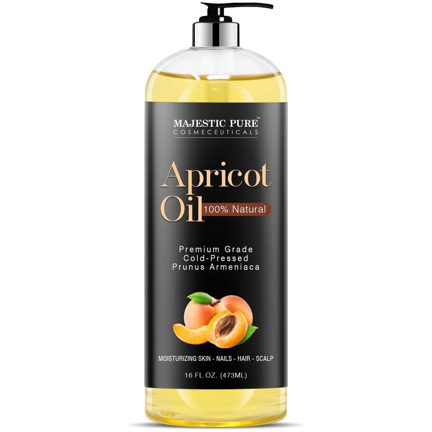 Majestic Pure Apricot Oil bottle for daily skin hydration and hair nourishment