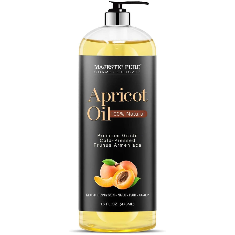 Majestic Pure Apricot Oil bottle for daily skin hydration and hair nourishment