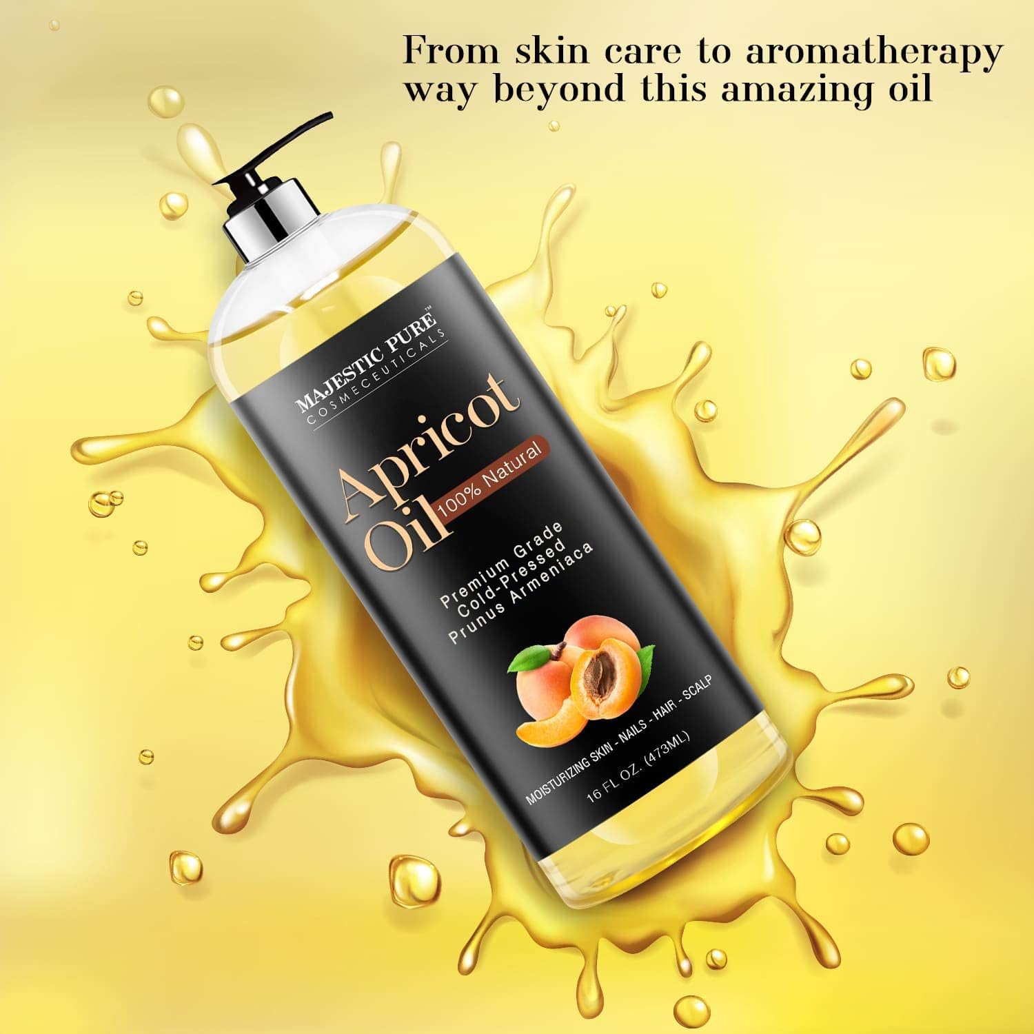 Majestic Pure Apricot Oil bottle delivering silky skin and moisturized nails
