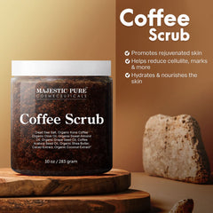 Majestic Pure Arabica Coffee Scrub, aplicación en manos para renovar la piel.