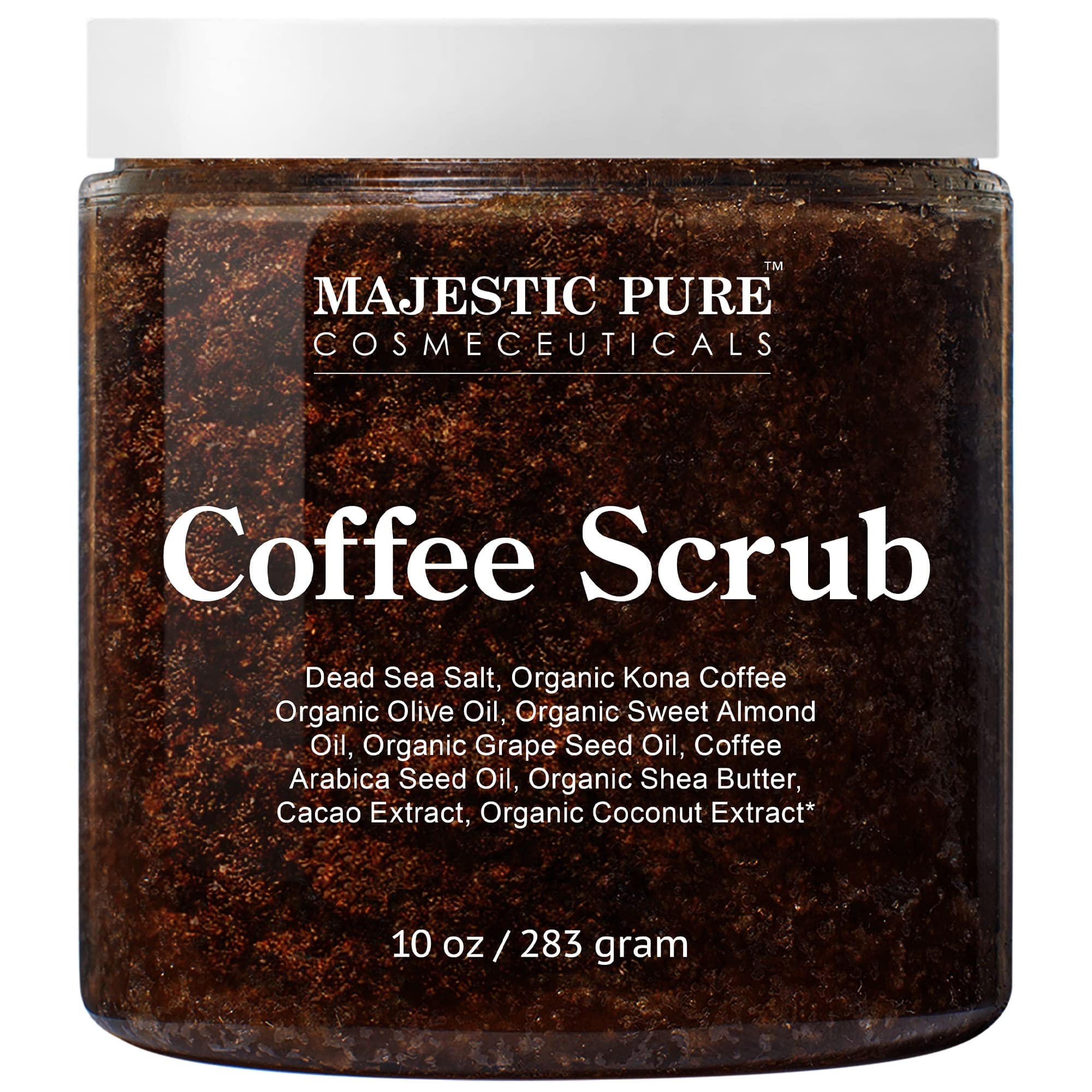 Majestic Pure Arabica Coffee Scrub en envase; exfolia suavemente para una piel más suave.