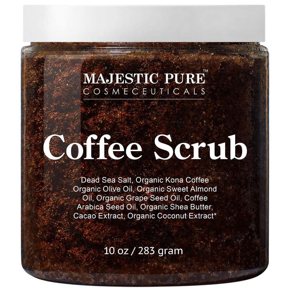Majestic Pure Arabica Coffee Scrub en envase; exfolia suavemente para una piel más suave.