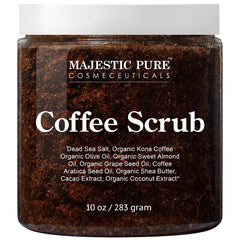 Majestic Pure Arabica Coffee Scrub en envase; exfolia suavemente para una piel más suave.