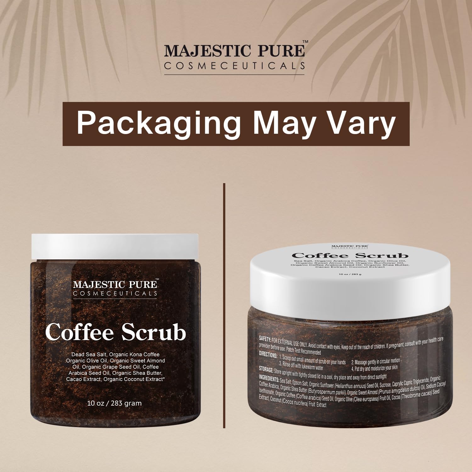Majestic Pure Arabica Coffee Scrub, manteca de karité y cacao para nutrición antioxidante.