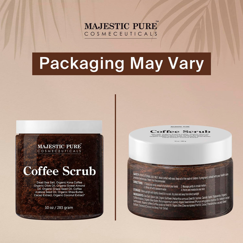 Majestic Pure Arabica Coffee Scrub, manteca de karité y cacao para nutrición antioxidante.